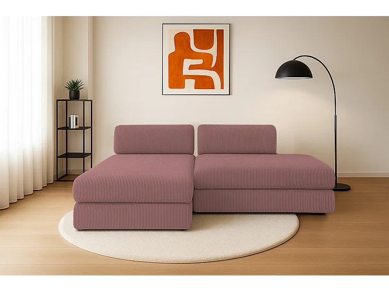 Canapé d'angle modulable et convertible 5 places - Velours côtelé - Rose