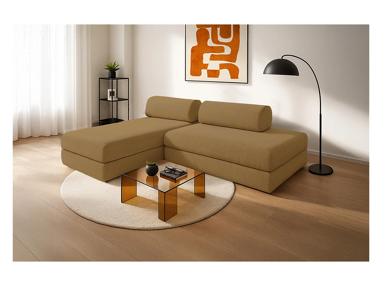 Canapé d'angle modulable et convertible 5 places - Velours côtelé - Jaune