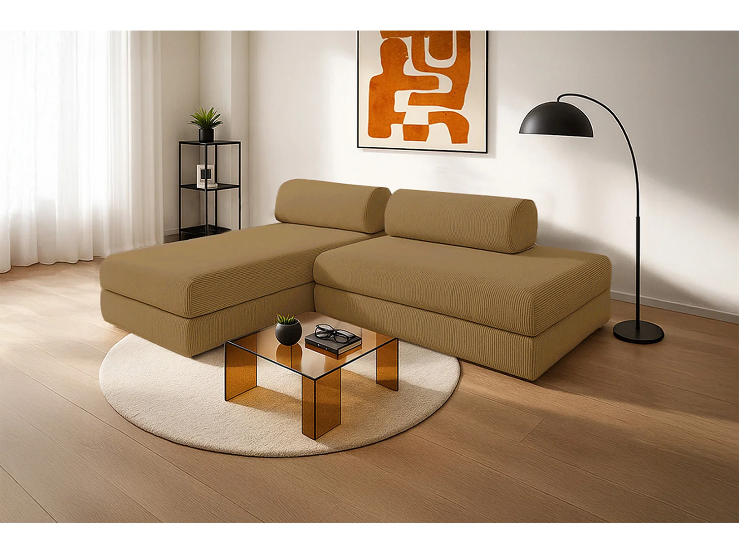 Canapé d'angle modulable et convertible 5 places - Velours côtelé - Jaune