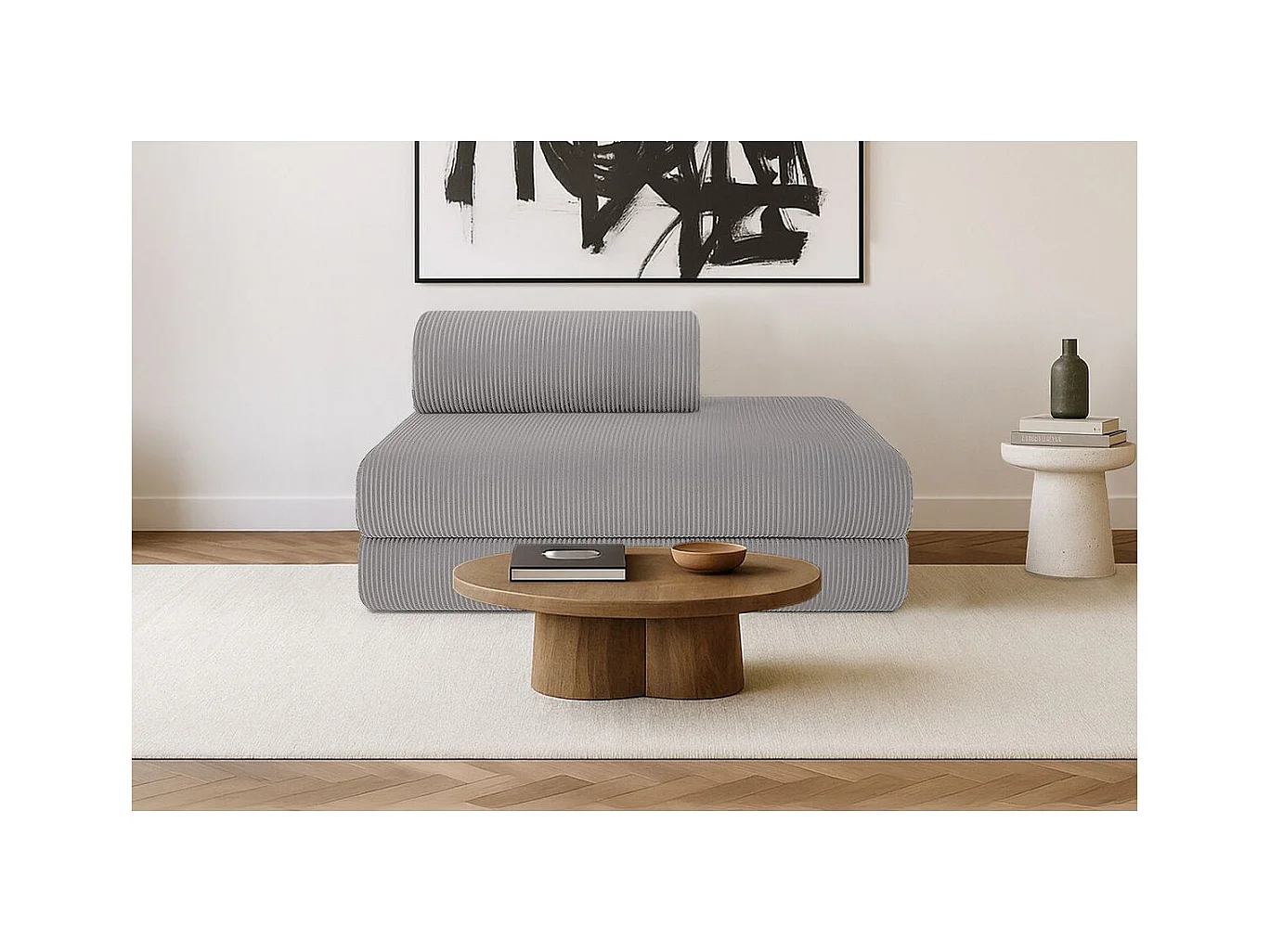 Canapé droit modulable et convertible 2 places - Velours côtelé - Gris clair