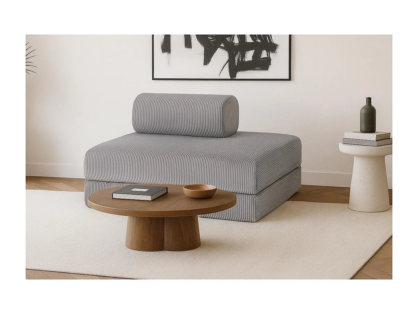 Canapé droit modulable et convertible 2 places - Velours côtelé - Gris clair