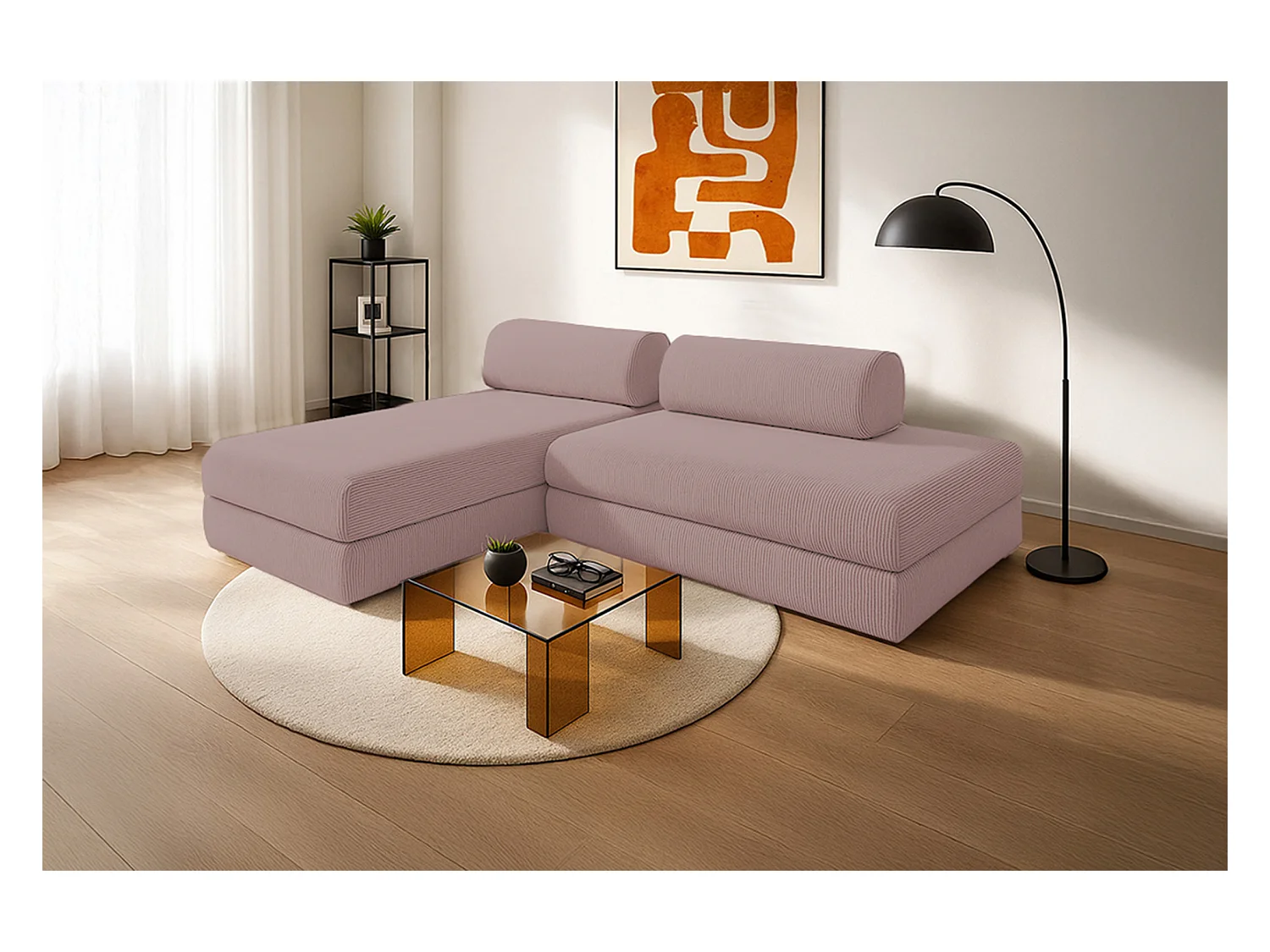 Canapé d'angle modulable et convertible 5 places - Velours côtelé - Rose pâle