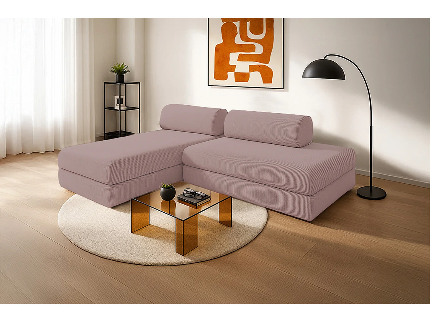 Canapé d'angle modulable et convertible 5 places - Velours côtelé - Rose pâle