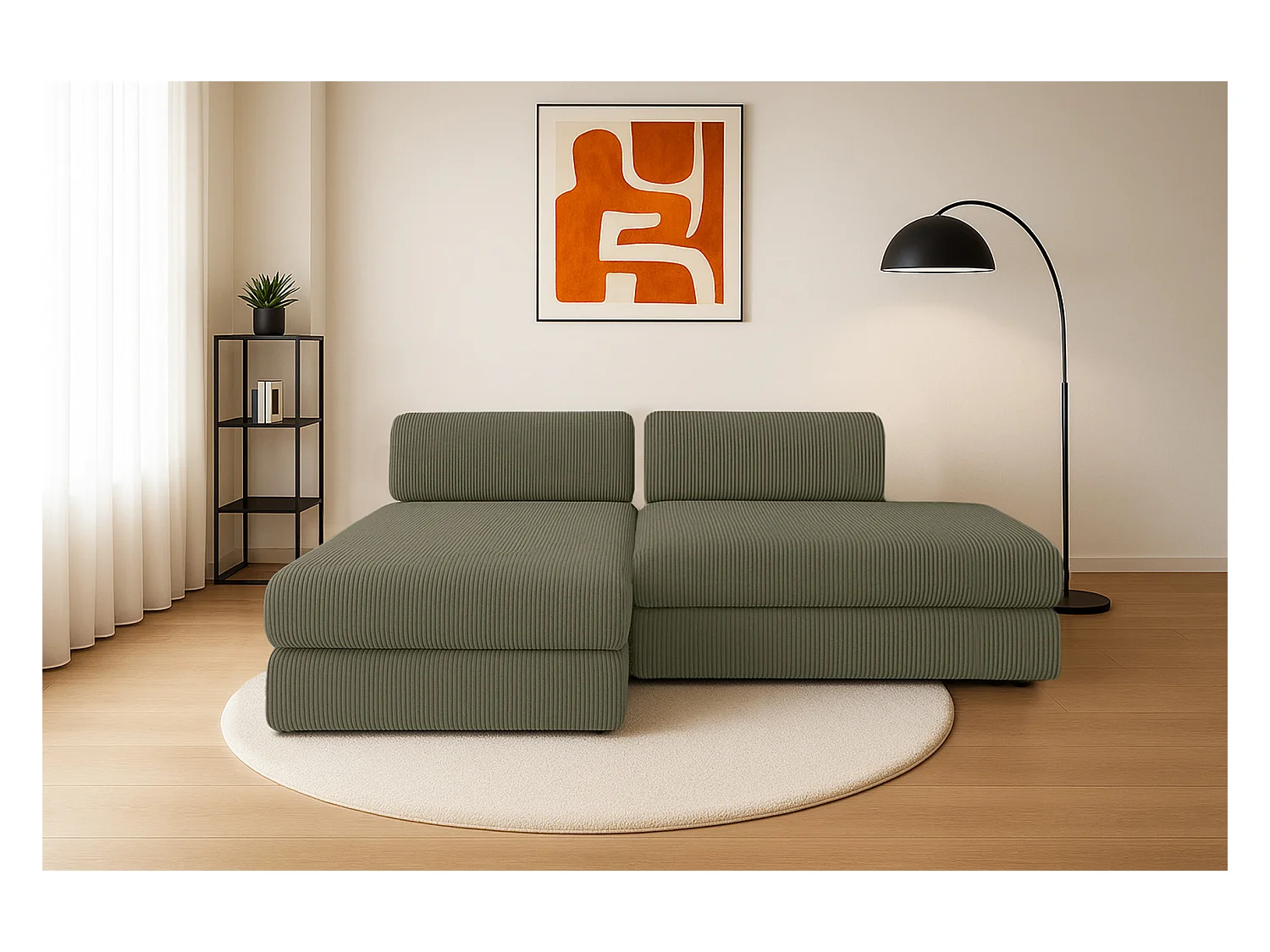 Canapé d'angle modulable et convertible 5 places - Velours côtelé - Vert