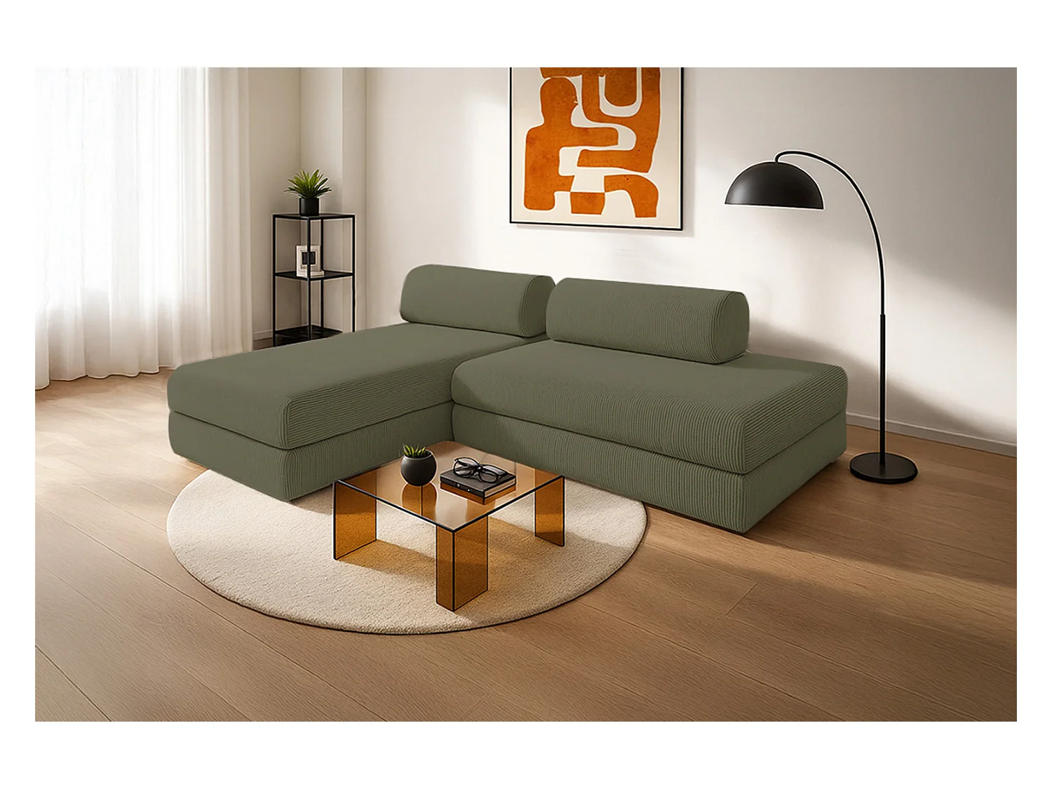 Canapé d'angle modulable et convertible 5 places - Velours côtelé - Vert