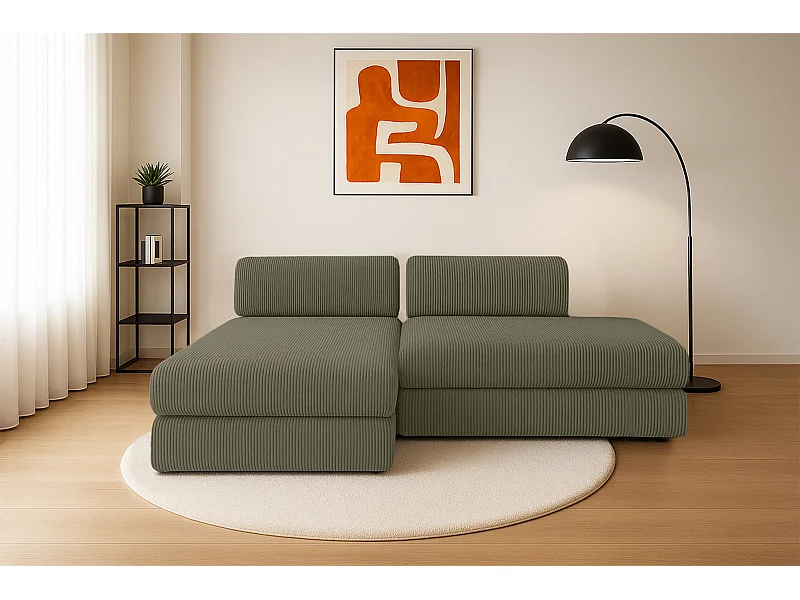 Canapé d'angle modulable et convertible 5 places - Velours côtelé - Vert