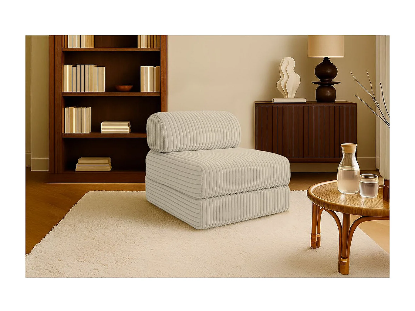 Fauteuil modulable et convertible - Velours côtelé XL - Beige