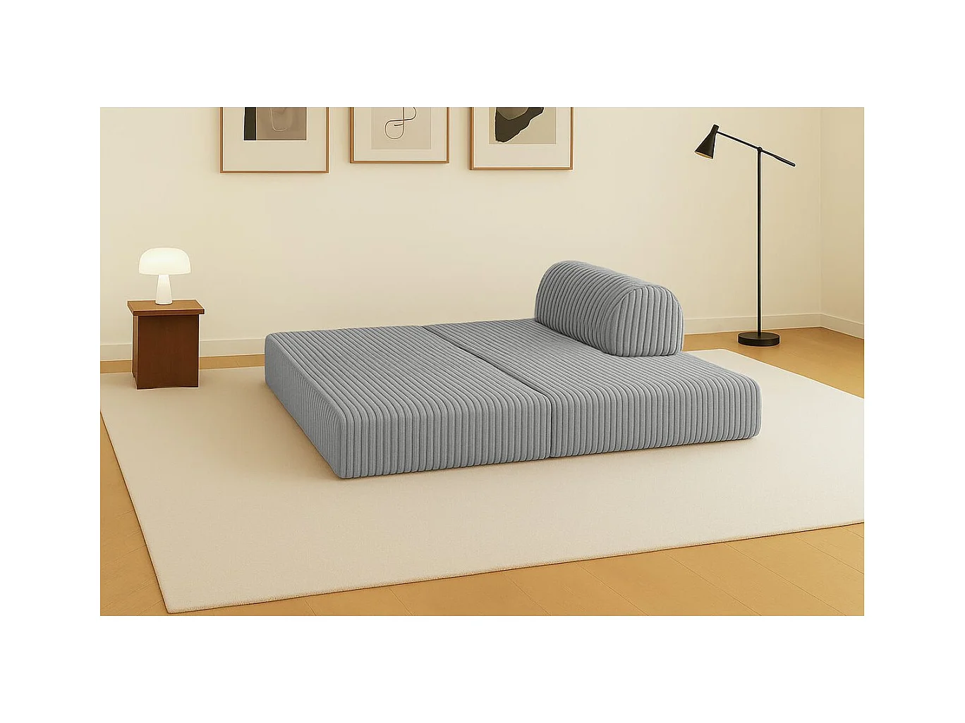 Canapé droit modulable et convertible 2 places - Velours côtelé XL - Gris clair