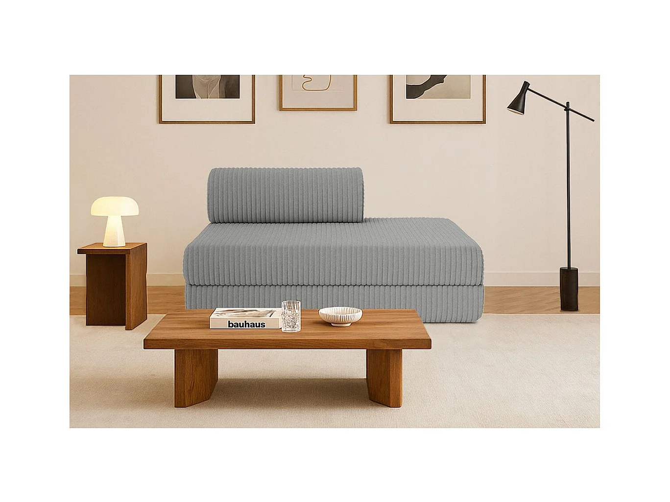 Canapé droit modulable et convertible 2 places - Velours côtelé XL - Gris clair