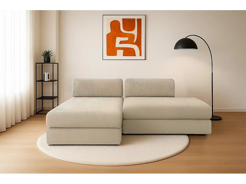 Canapé d'angle modulable et convertible 5 places - Velours côtelé - Beige