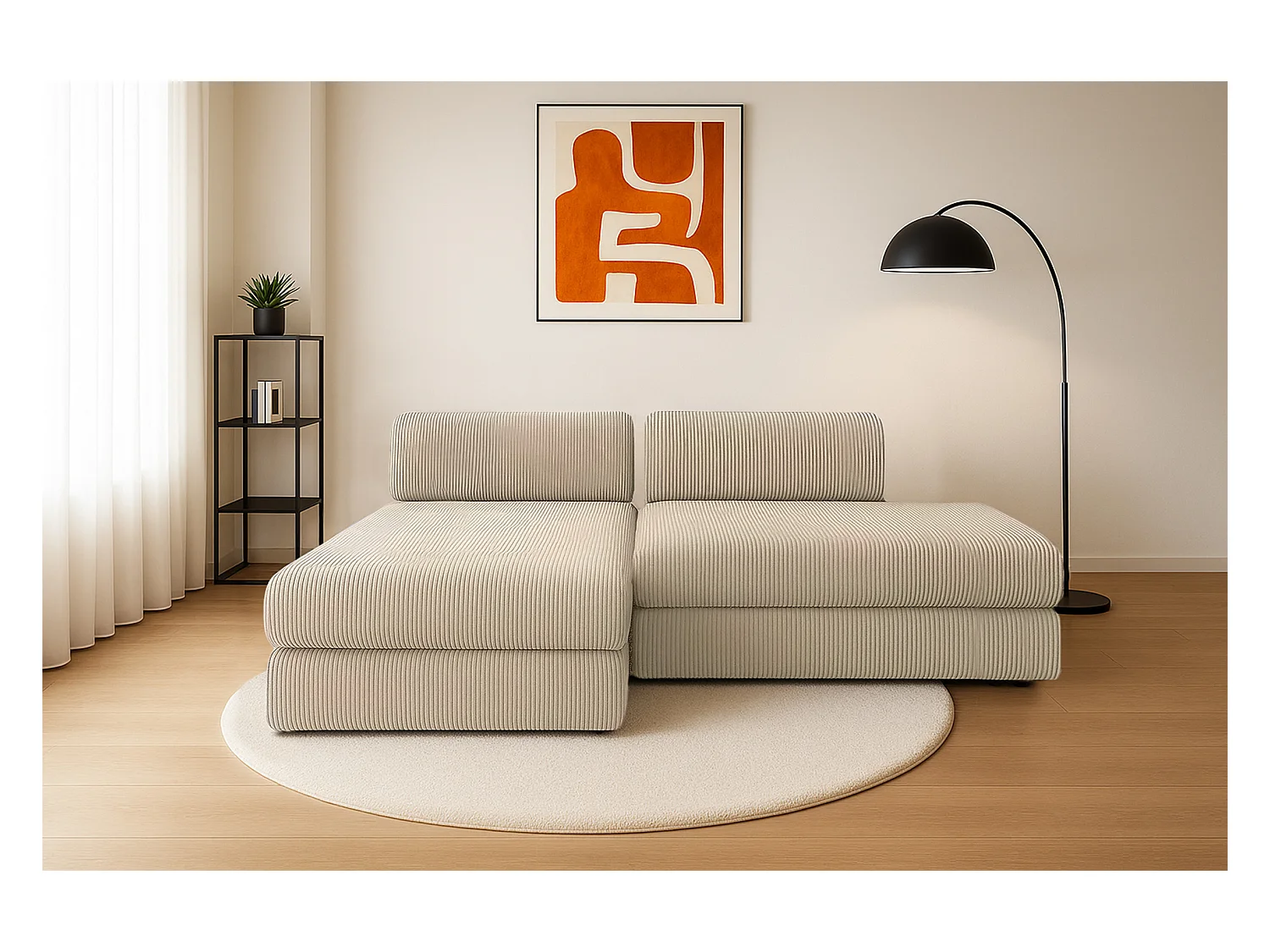 Canapé d'angle modulable et convertible 5 places - Velours côtelé - Beige