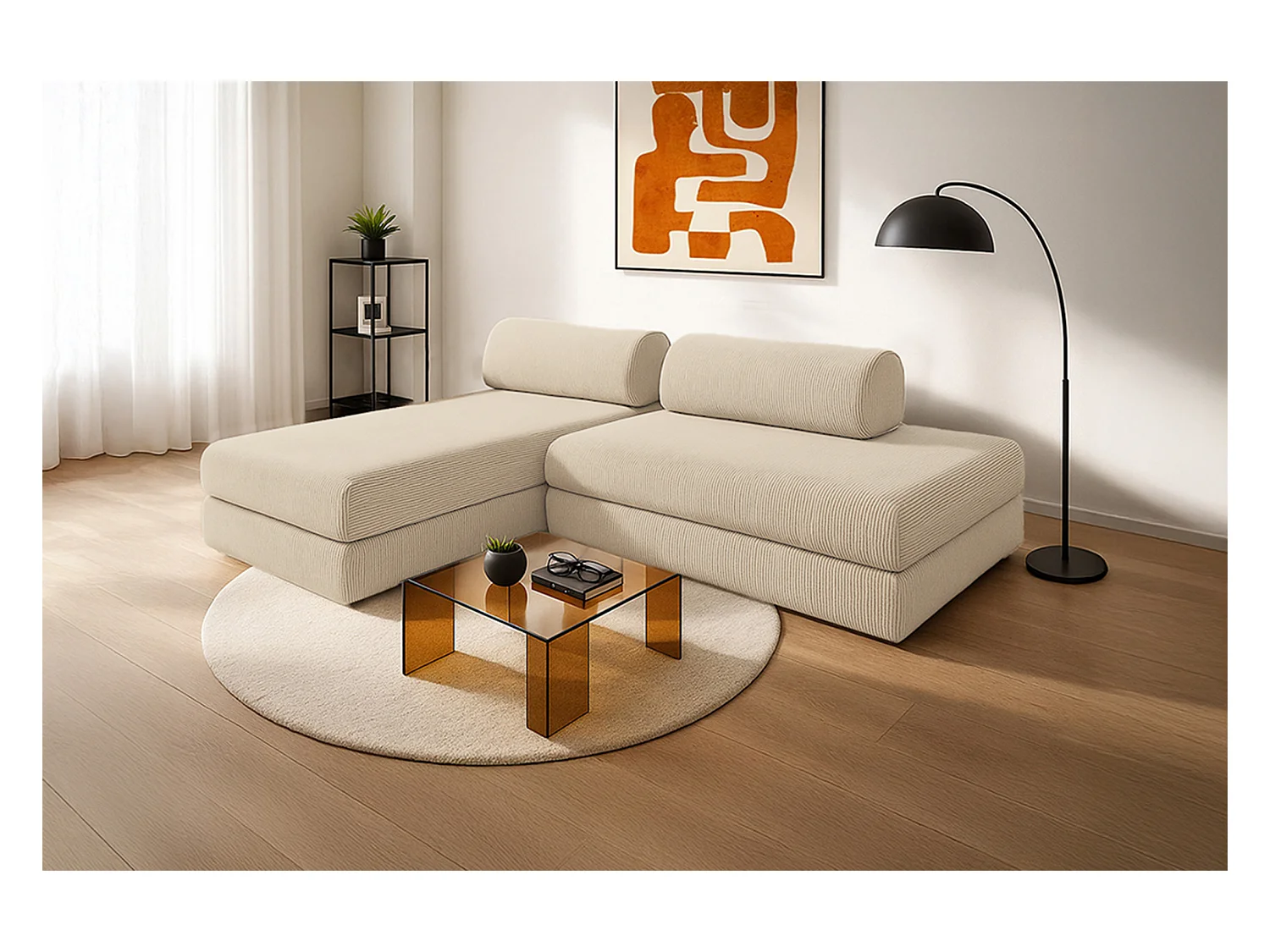 Canapé d'angle modulable et convertible 5 places - Velours côtelé - Beige