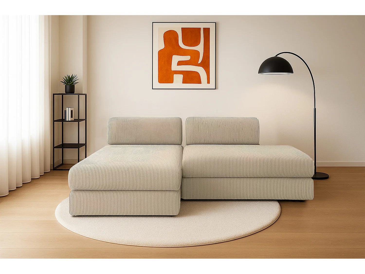 Canapé d'angle modulable et convertible 5 places - Velours côtelé - Beige