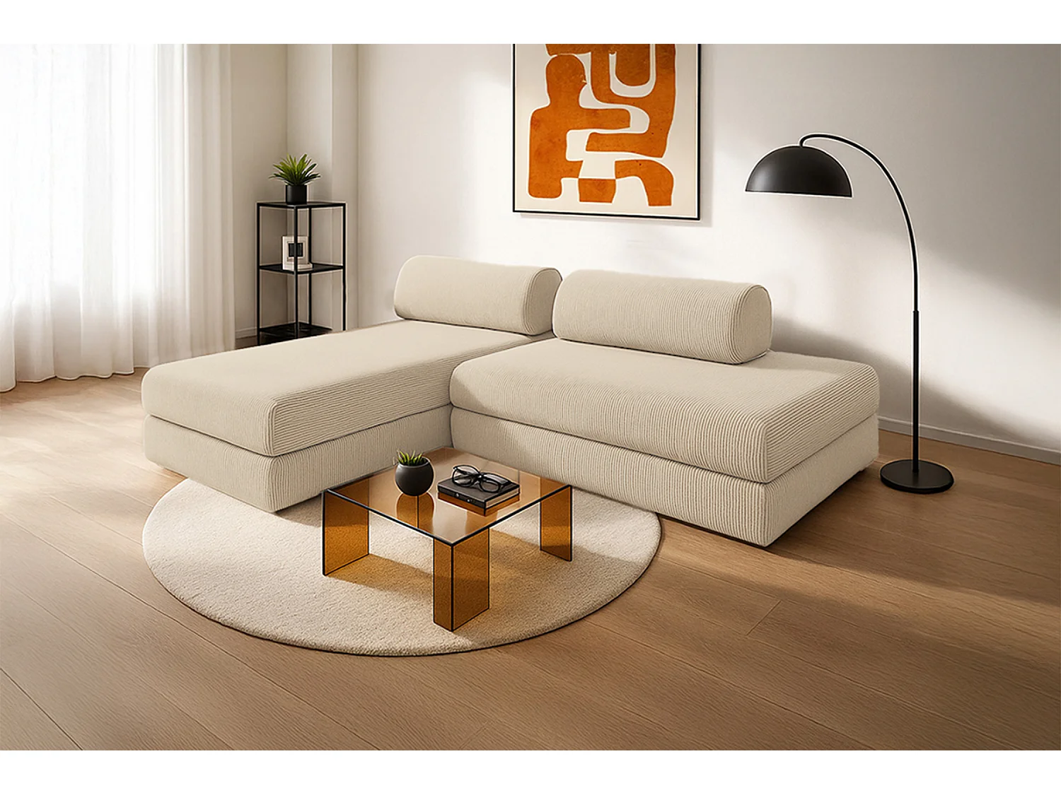 Canapé d'angle modulable et convertible 5 places - Velours côtelé - Beige