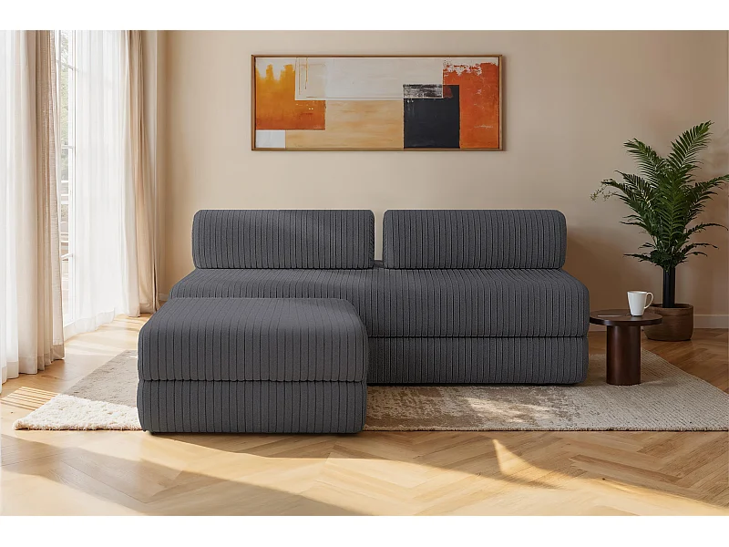 Canapé d'angle modulable et convertible 4 places - Velours côtelé XL - Gris