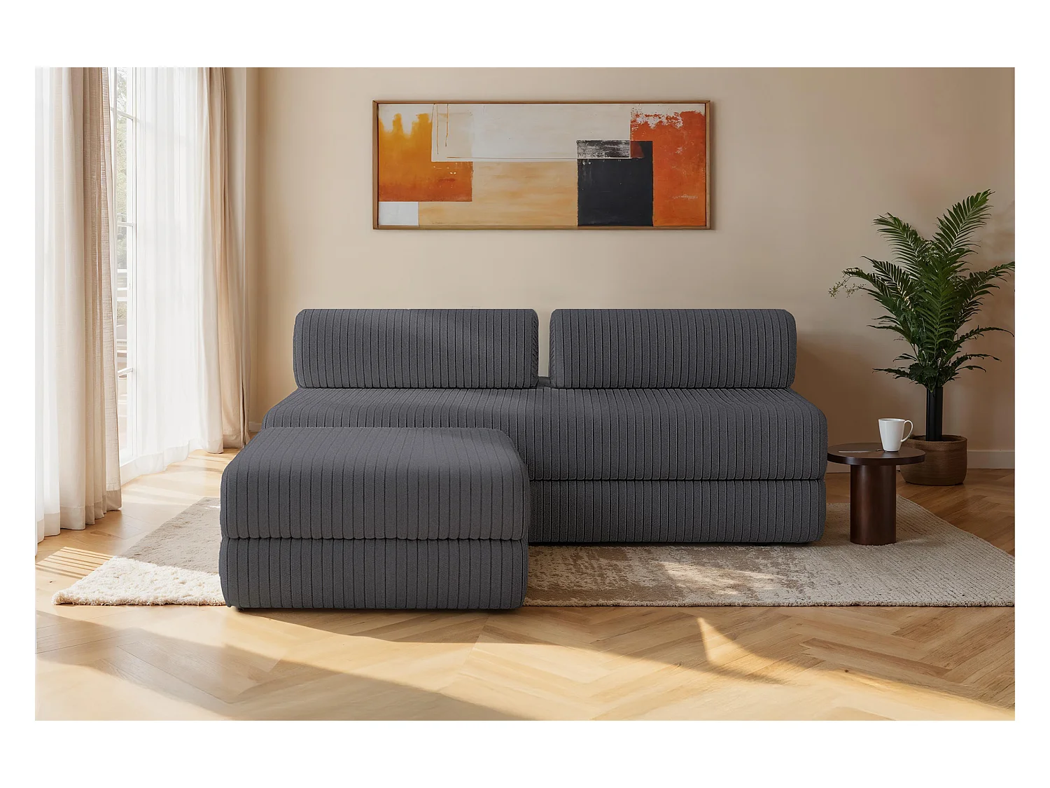 Canapé d'angle modulable et convertible 4 places - Velours côtelé XL - Gris