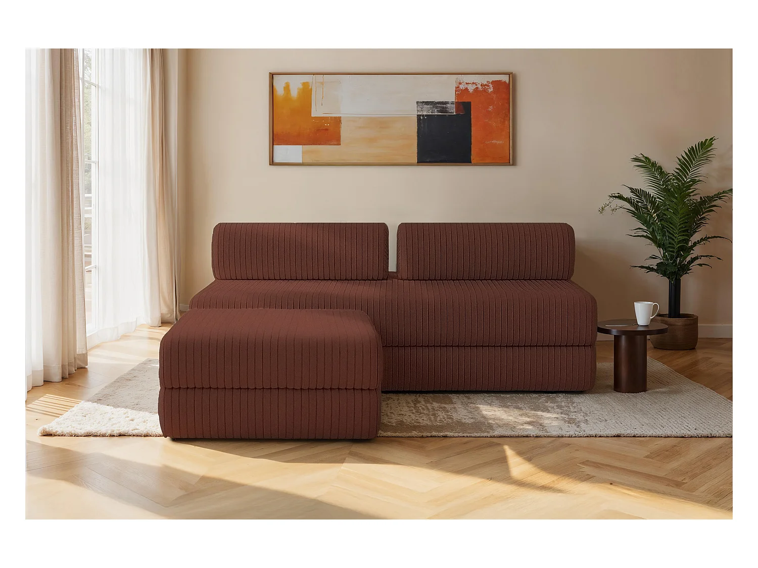 Canapé d'angle modulable et convertible 4 places - Velours côtelé XL - Terracotta