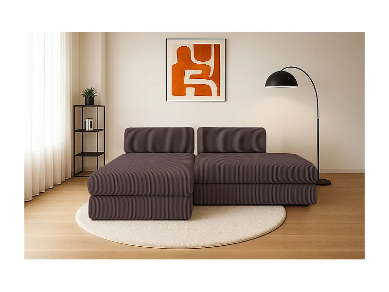 Canapé d'angle modulable et convertible 5 places - Velours côtelé - Marron