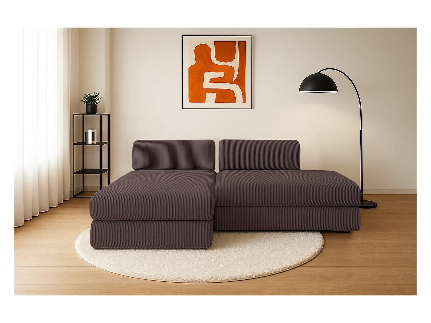 Canapé d'angle modulable et convertible 5 places - Velours côtelé - Marron