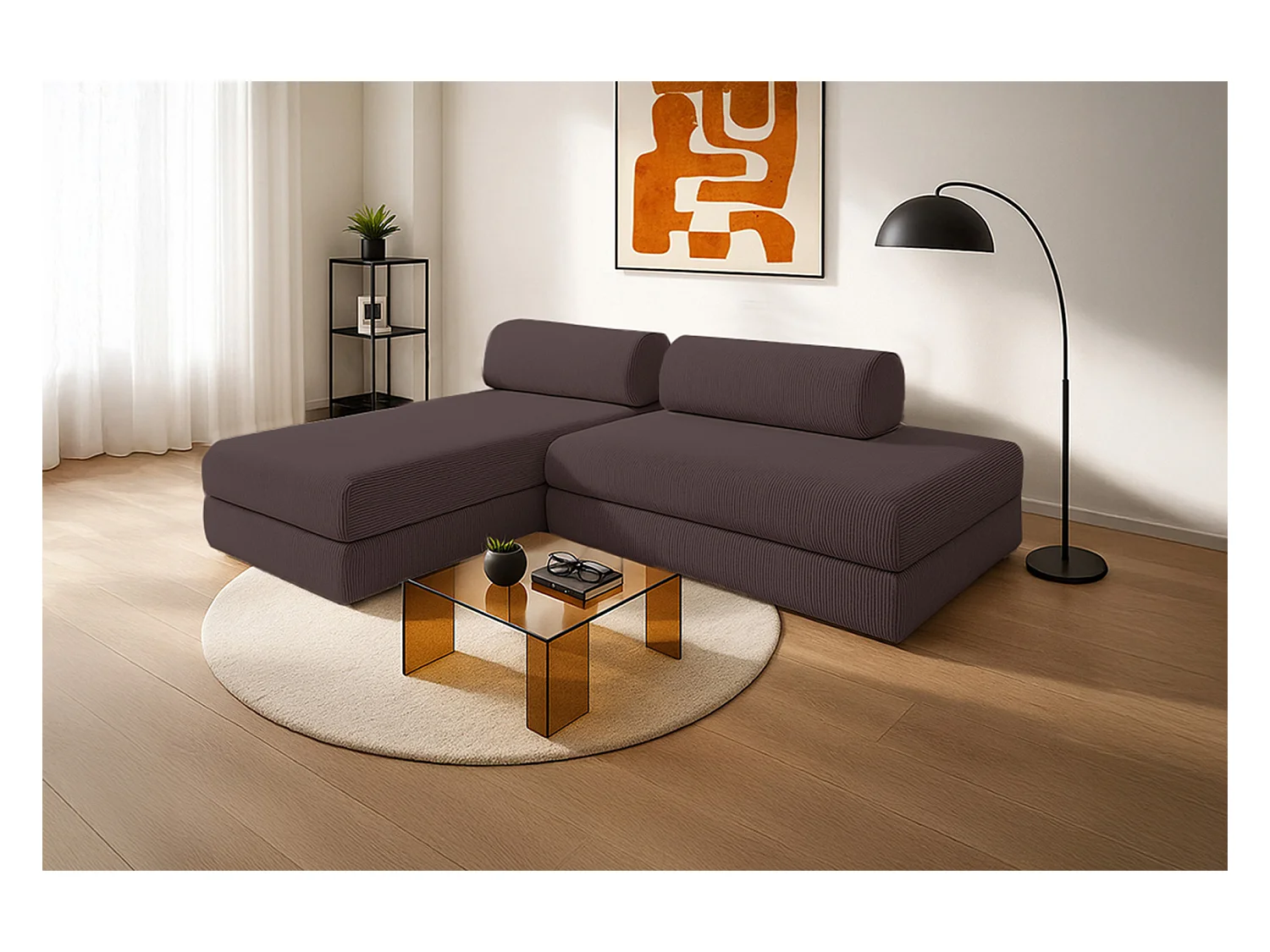 Canapé d'angle modulable et convertible 5 places - Velours côtelé - Marron