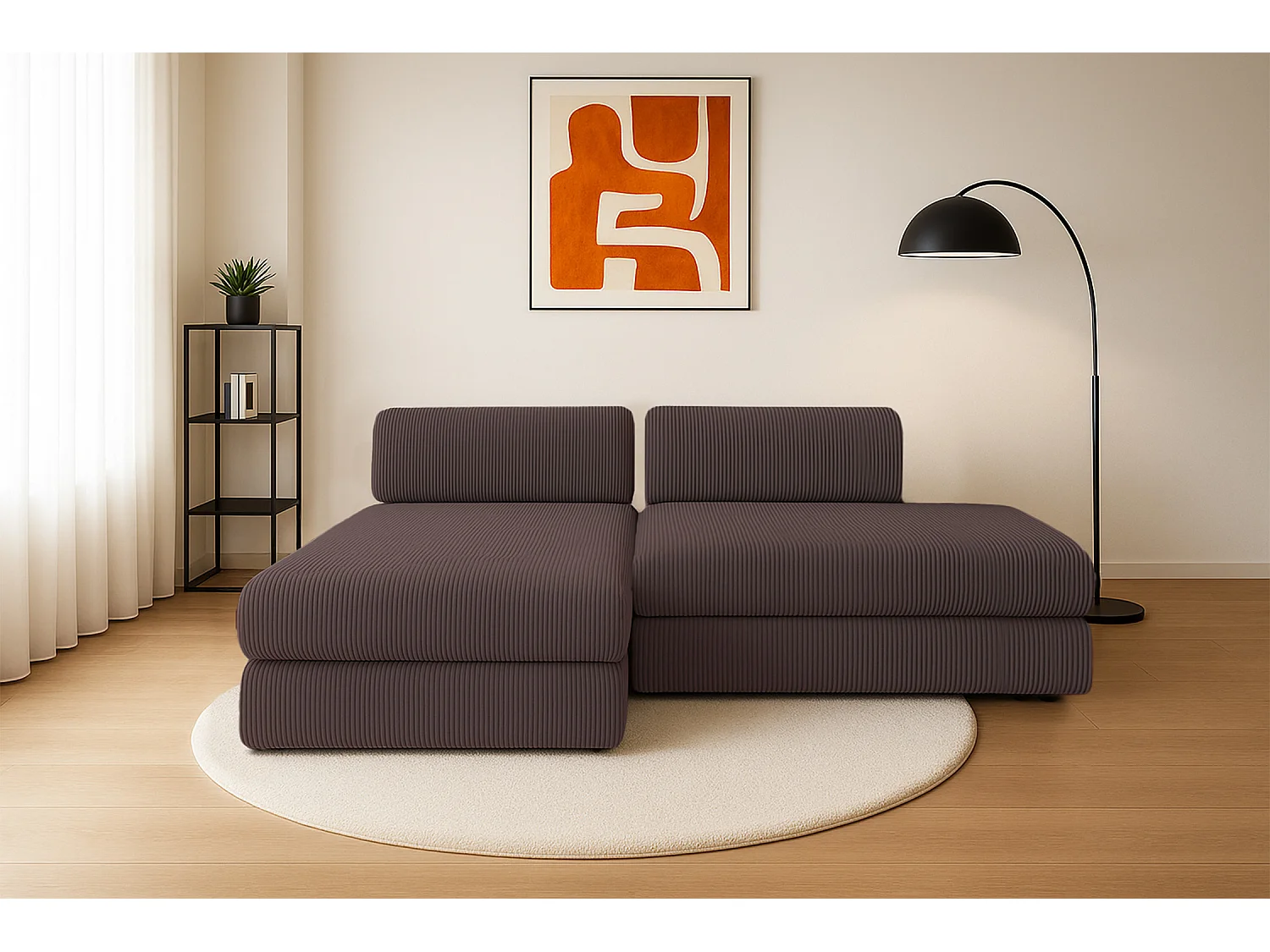 Canapé d'angle modulable et convertible 5 places - Velours côtelé - Marron