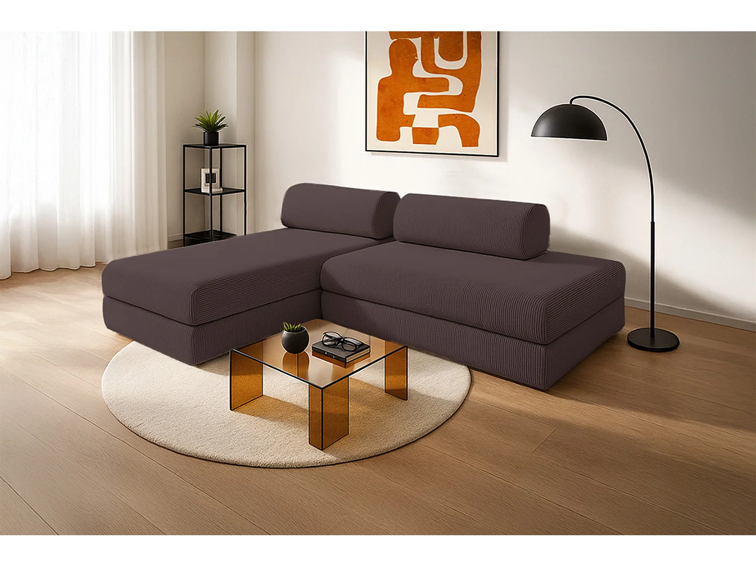 Canapé d'angle modulable et convertible 5 places - Velours côtelé - Marron