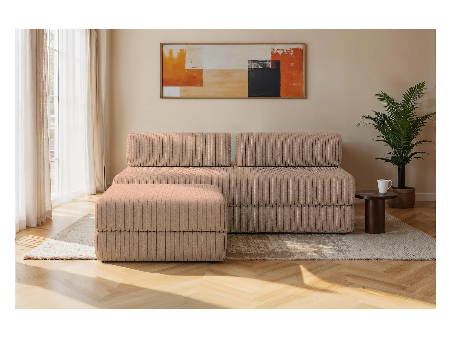 Canapé d'angle modulable et convertible 4 places - Velours côtelé XL - Marron