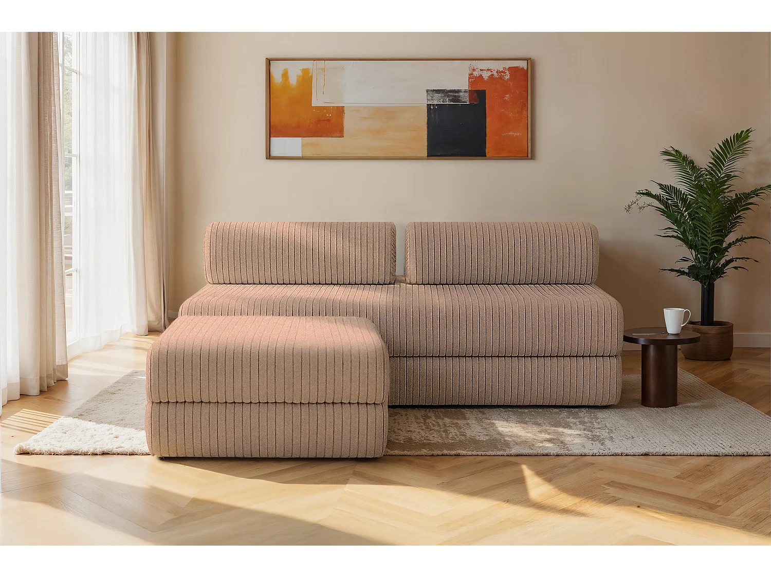 Canapé d'angle modulable et convertible 4 places - Velours côtelé XL - Marron