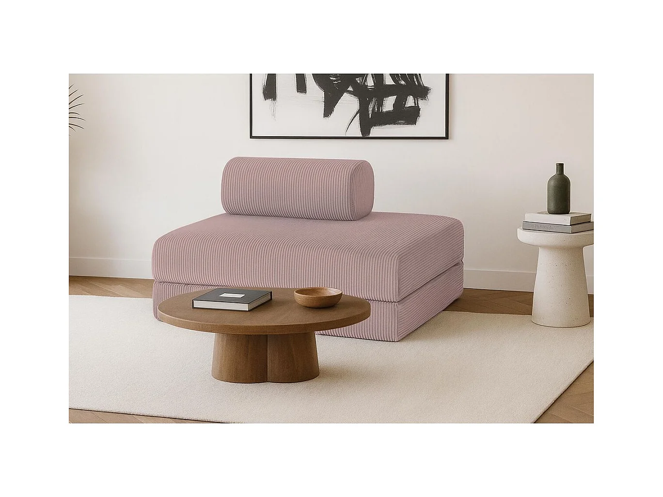 Canapé droit modulable et convertible 2 places - Velours côtelé - Rose pâle