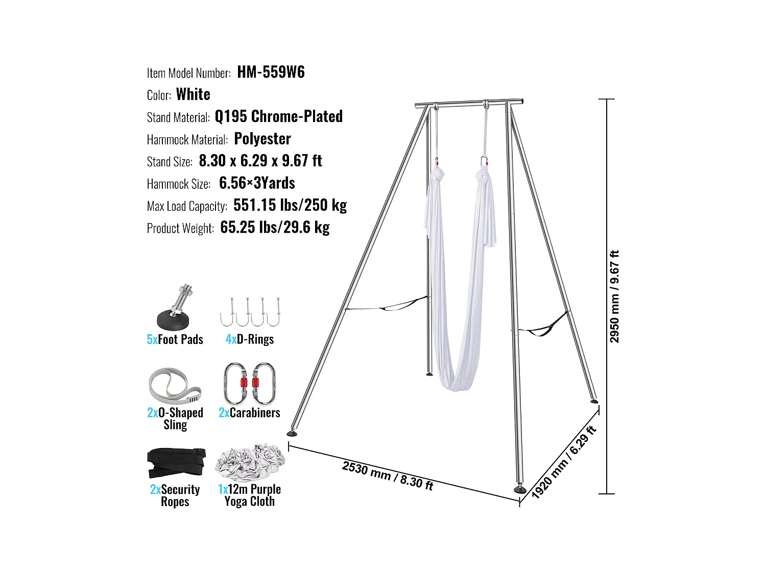 Kit de Balançoire de Yoga SucceBuy, avec Support et Hamac en Soie Aérienne, Capacité de 250 kg, Cadre de Yoga Blanc