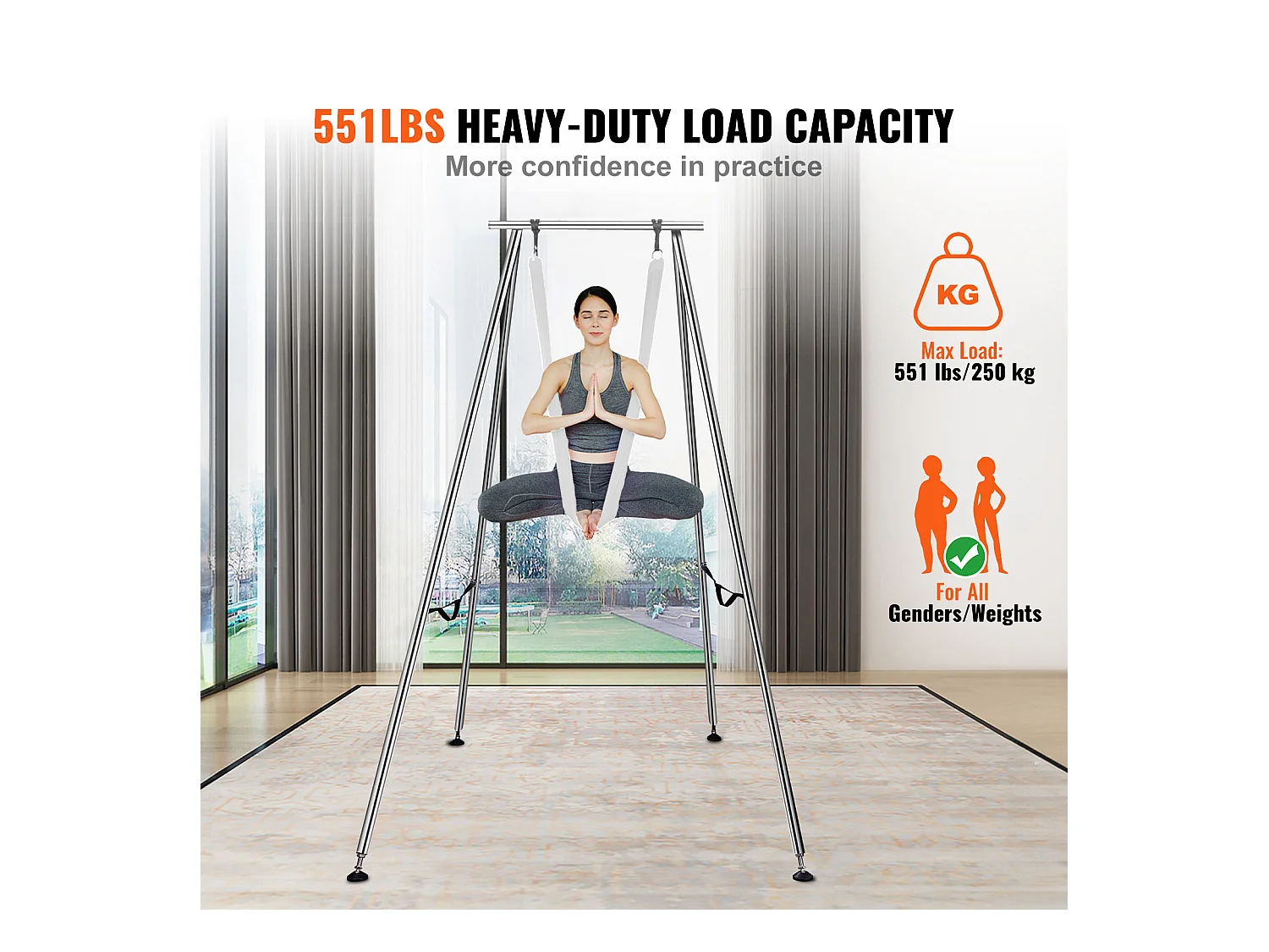 Kit de Balançoire de Yoga SucceBuy, avec Support et Hamac en Soie Aérienne, Capacité de 250 kg, Cadre de Yoga Blanc