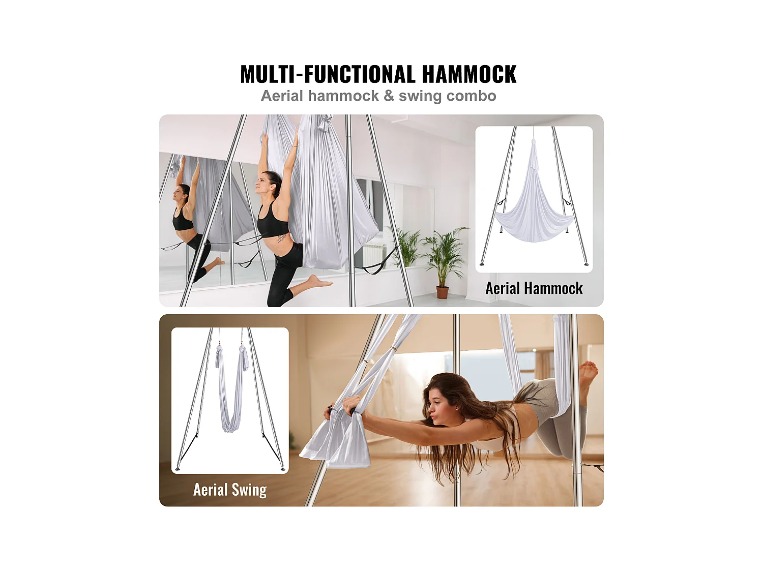 Kit de Balançoire de Yoga SucceBuy, avec Support et Hamac en Soie Aérienne, Capacité de 250 kg, Cadre de Yoga Blanc