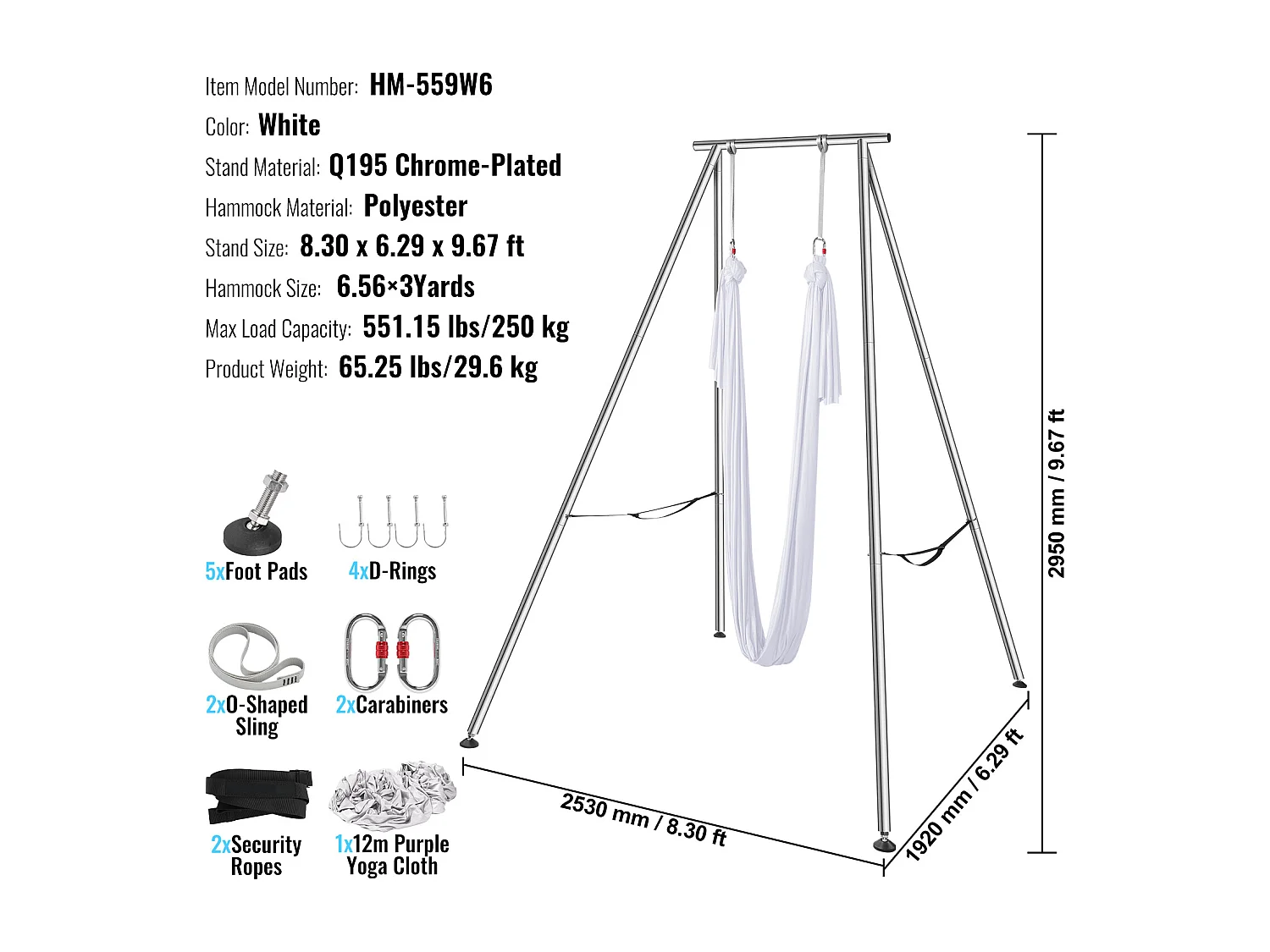 Kit de Balançoire de Yoga SucceBuy, avec Support et Hamac en Soie Aérienne, Capacité de 250 kg, Cadre de Yoga Blanc