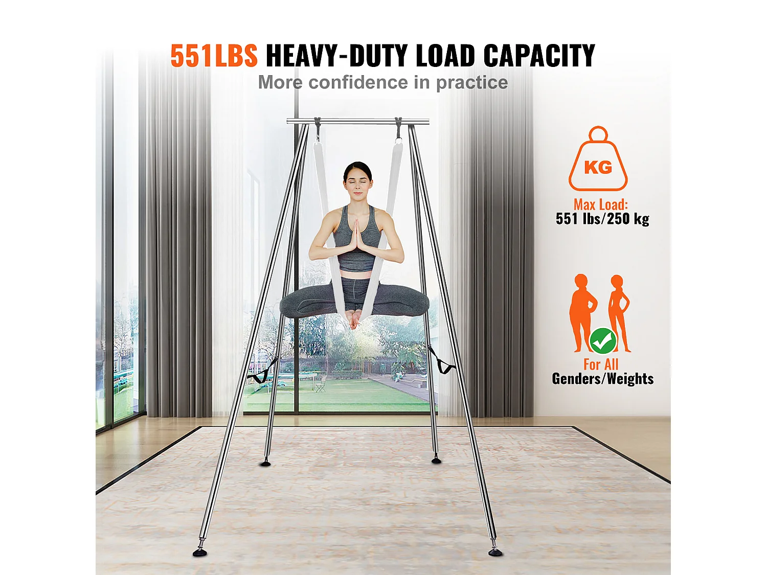 Kit de Balançoire de Yoga SucceBuy, avec Support et Hamac en Soie Aérienne, Capacité de 250 kg, Cadre de Yoga Blanc