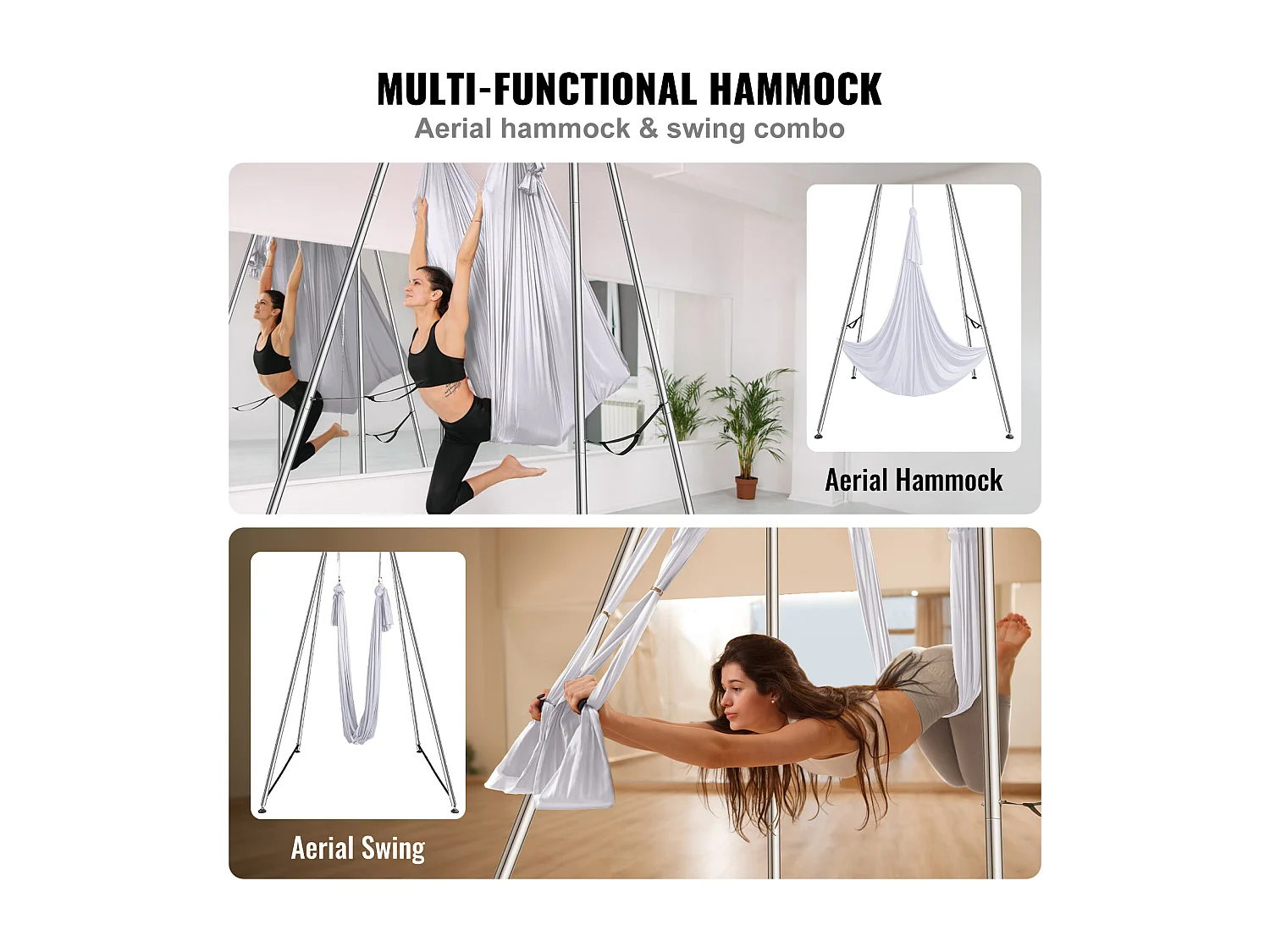 Kit de Balançoire de Yoga SucceBuy, avec Support et Hamac en Soie Aérienne, Capacité de 250 kg, Cadre de Yoga Blanc