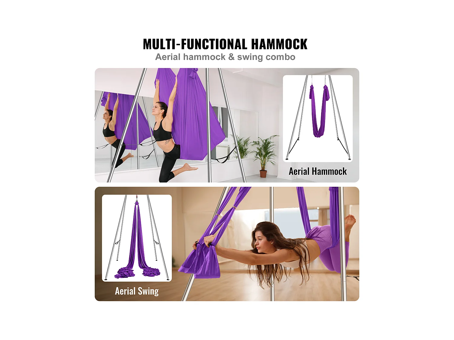 Kit de Balançoire de Yoga SucceBuy, avec Support et Hamac Aérien, Capacité de 250 kg, Cadre de Yoga Violet
