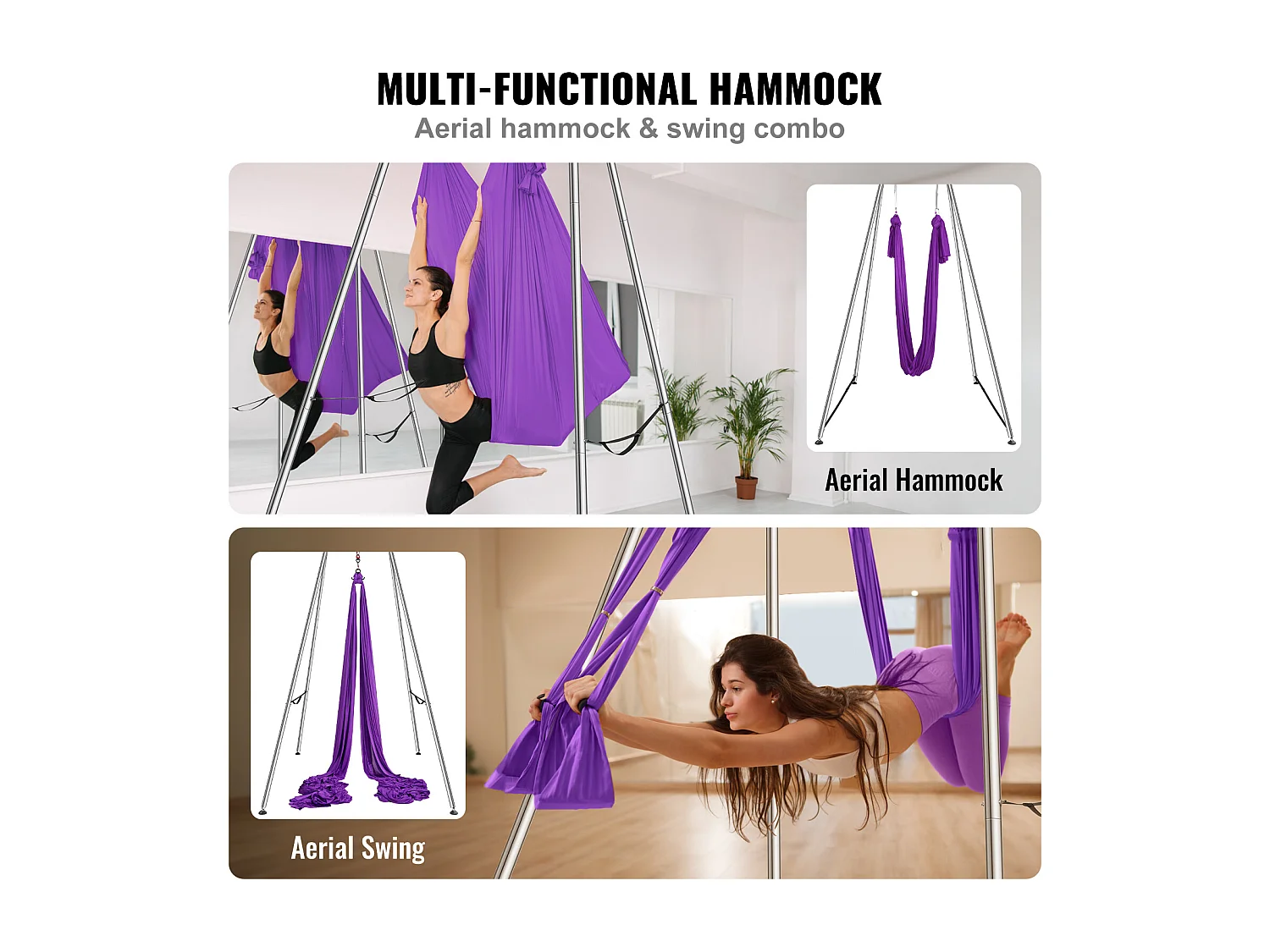 Kit de Balançoire de Yoga SucceBuy, avec Support et Hamac Aérien, Capacité de 250 kg, Cadre de Yoga Violet
