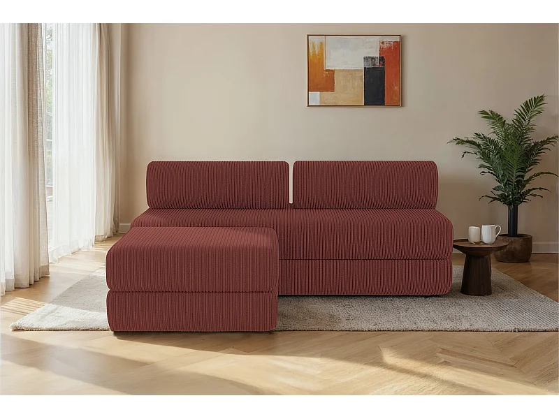 Canapé d'angle modulable et convertible 4 places - Velours côtelé - Rouge