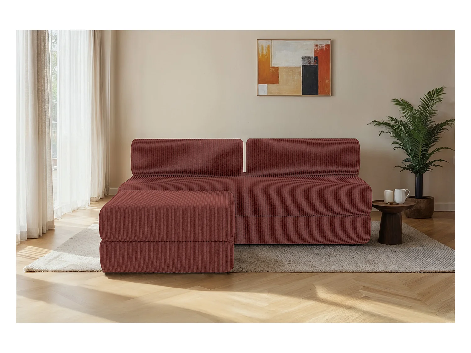 Canapé d'angle modulable et convertible 4 places - Velours côtelé - Rouge