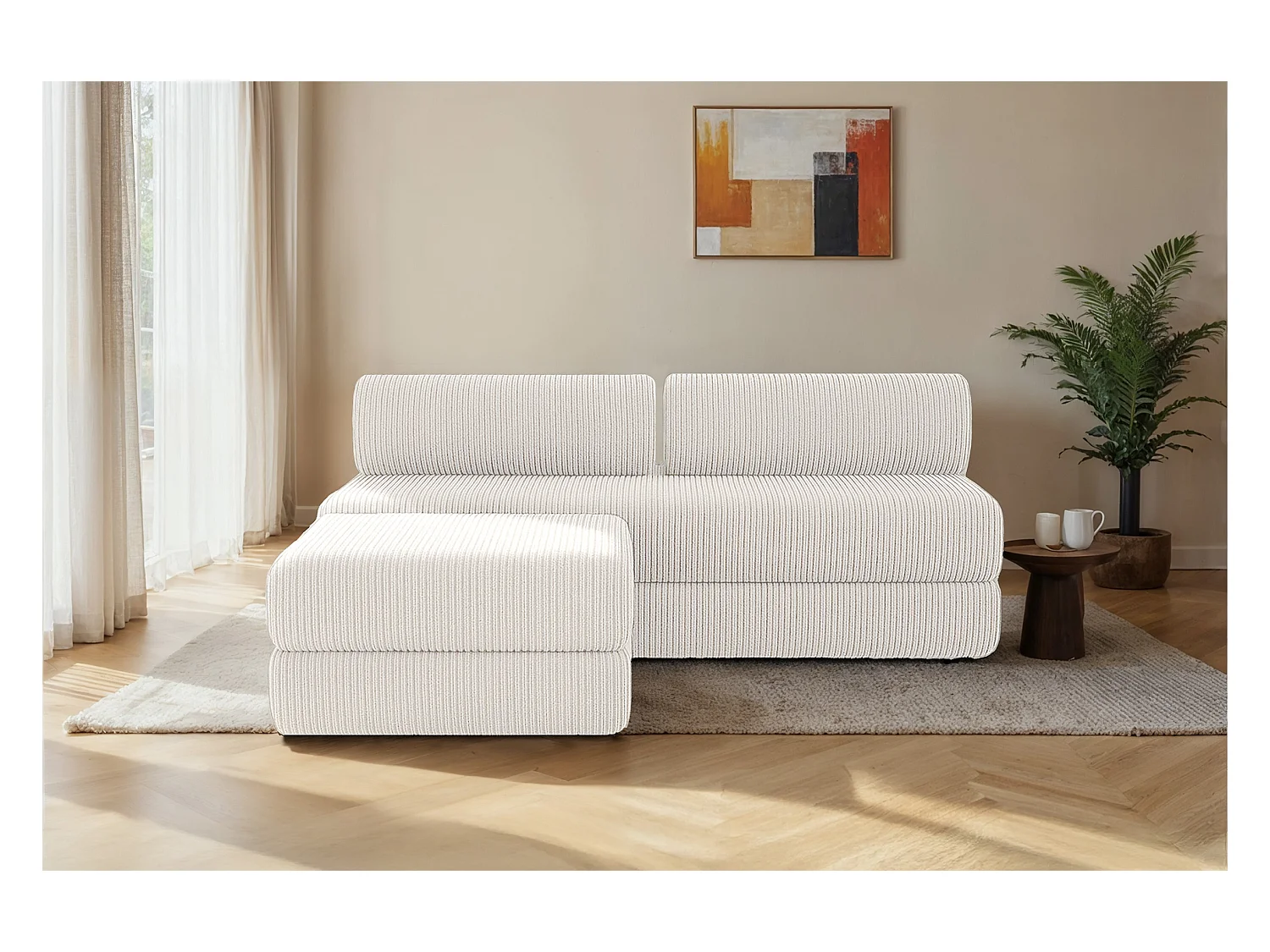 Canapé d'angle modulable et convertible 4 places - Velours côtelé - Blanc