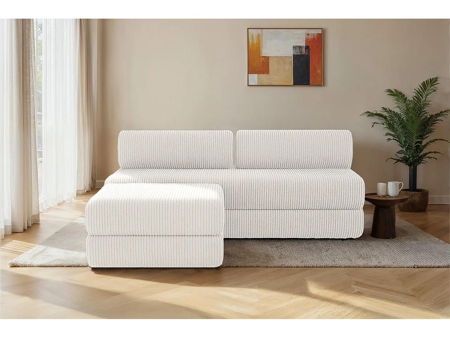 Canapé d'angle modulable et convertible 4 places - Velours côtelé - Blanc