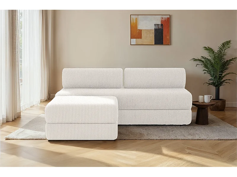 Canapé d'angle modulable et convertible 4 places - Velours côtelé - Blanc