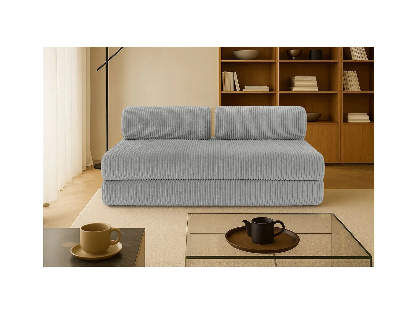 Canapé droit modulable et convertible 3 places - Velours côtelé XL - Gris clair