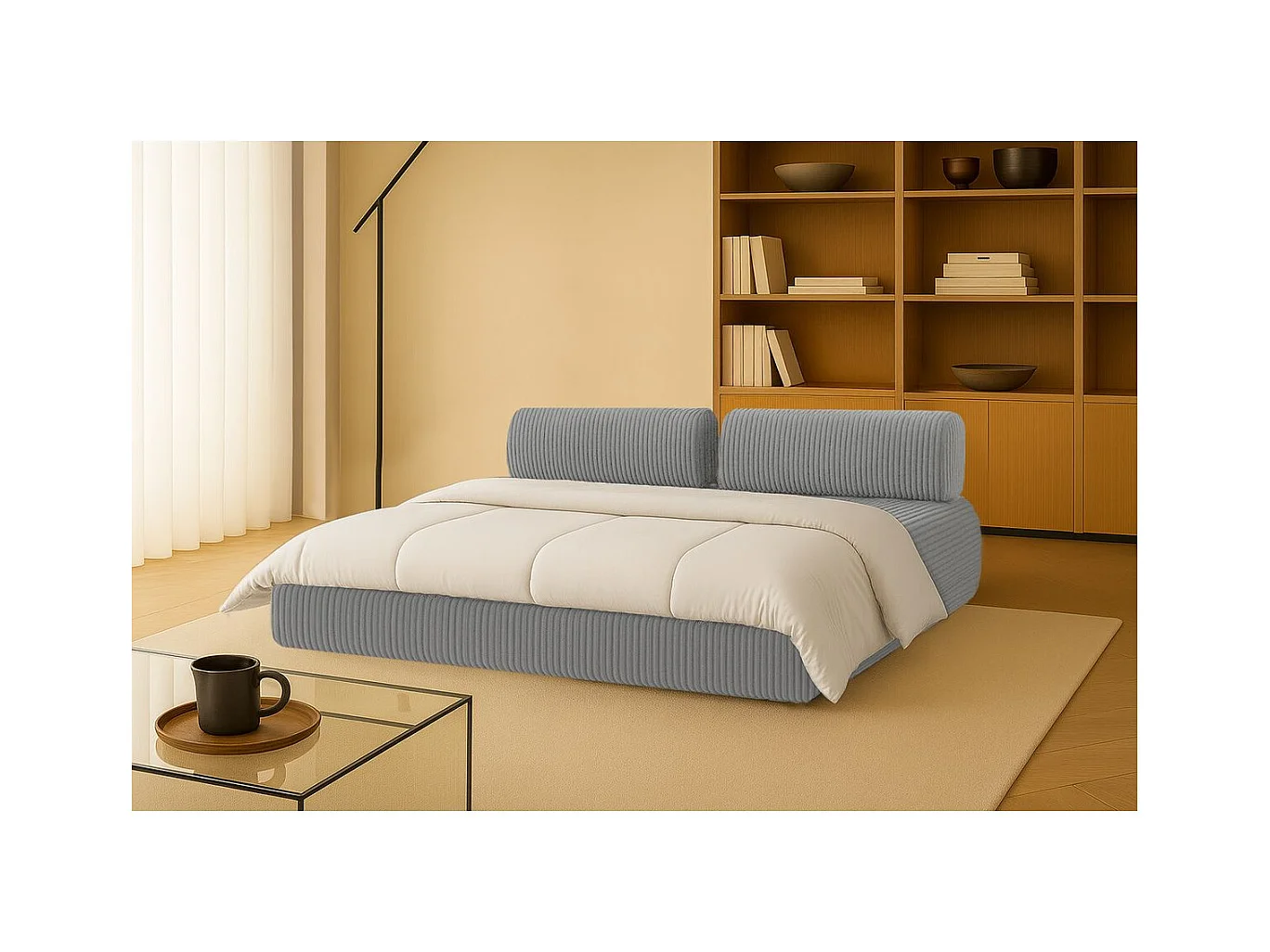 Canapé droit modulable et convertible 3 places - Velours côtelé XL - Gris clair