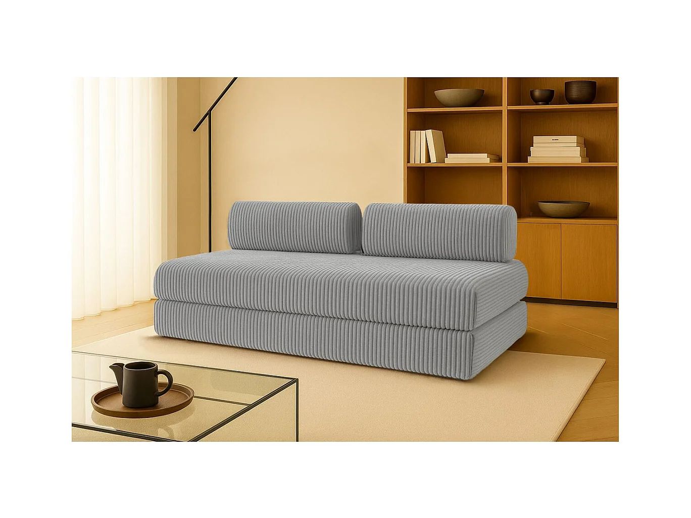 Canapé droit modulable et convertible 3 places - Velours côtelé XL - Gris clair