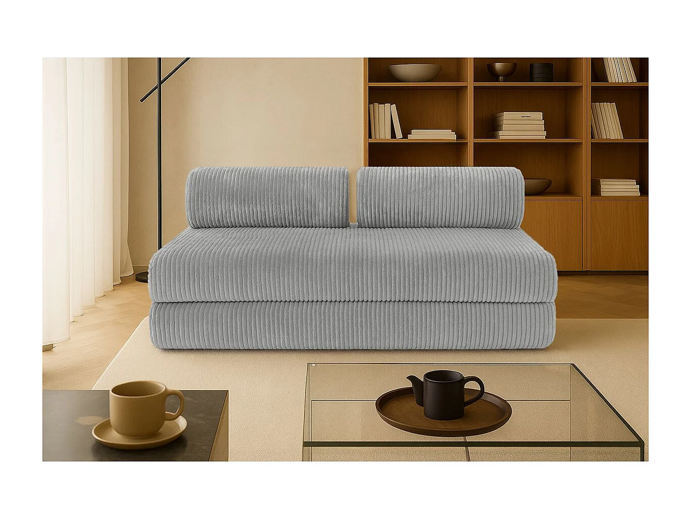 Canapé droit modulable et convertible 3 places - Velours côtelé XL - Gris clair