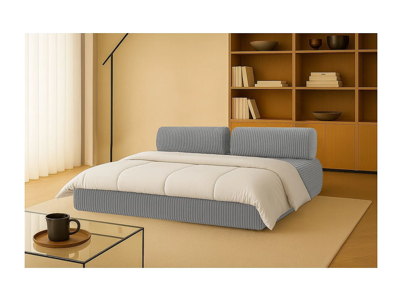 Canapé droit modulable et convertible 3 places - Velours côtelé XL - Gris clair