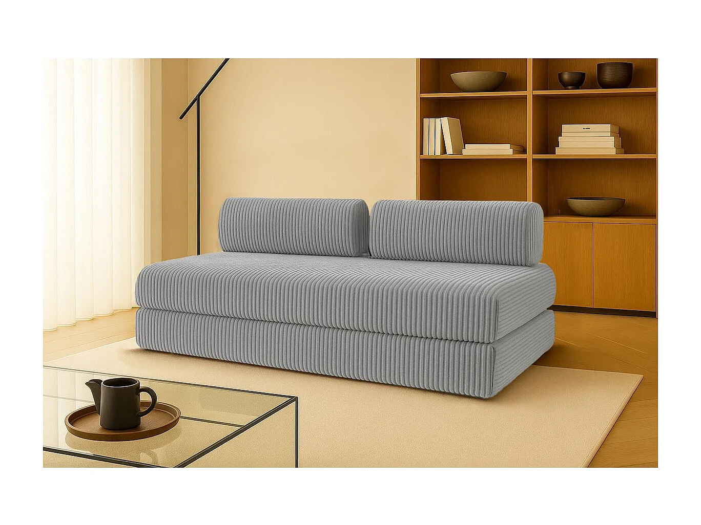 Canapé droit modulable et convertible 3 places - Velours côtelé XL - Gris clair