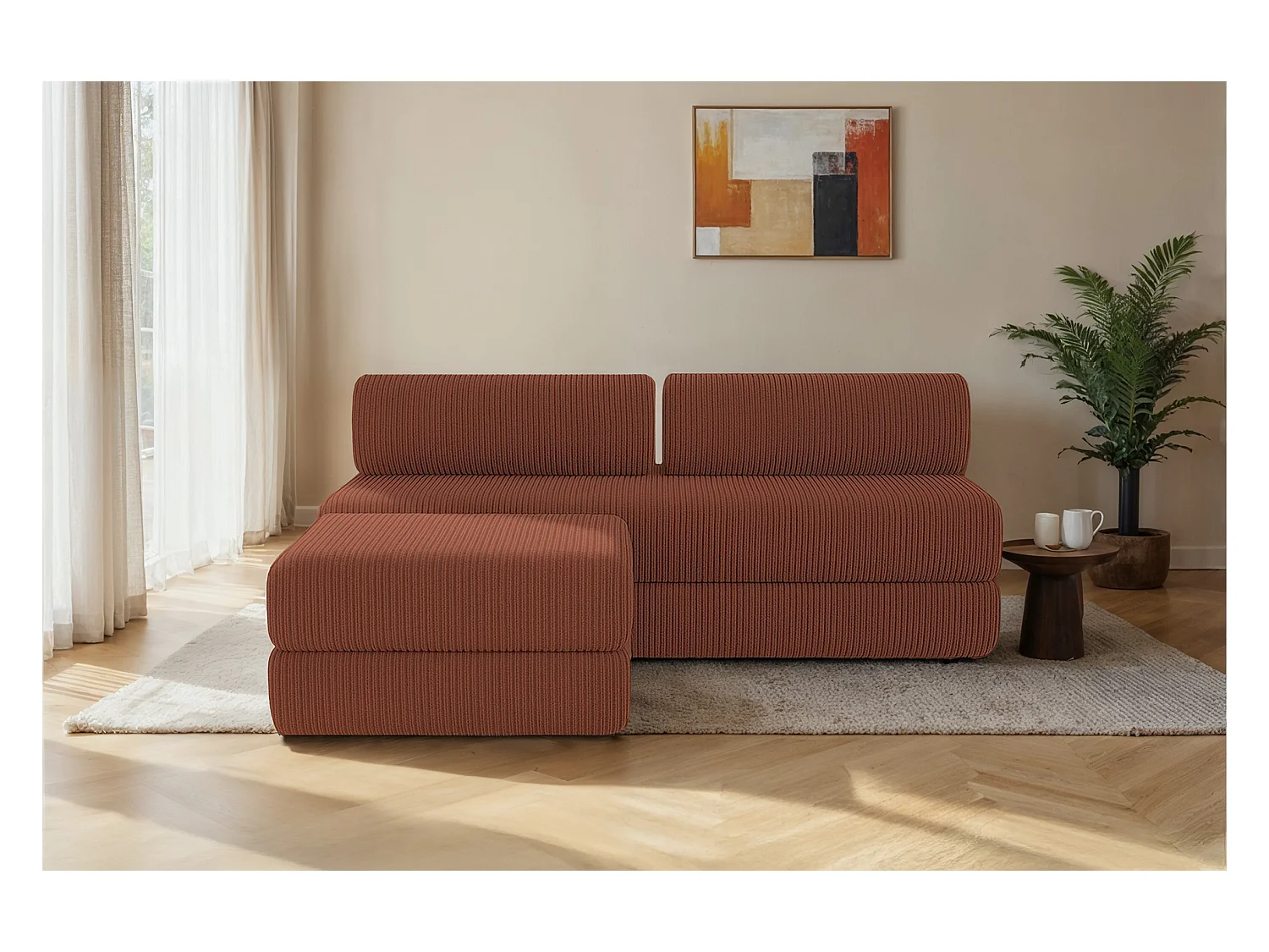 Canapé d'angle modulable et convertible 4 places - Velours côtelé - Terracotta