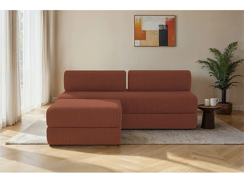 Canapé d'angle modulable et convertible 4 places - Velours côtelé - Terracotta